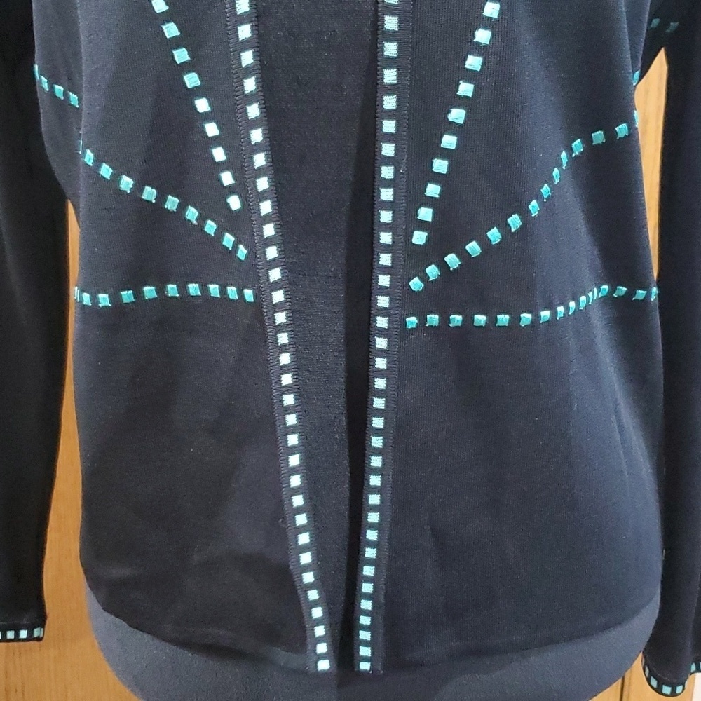 Ming wang open front blazer knit black and turquoise geometric - Picture 3 of 6